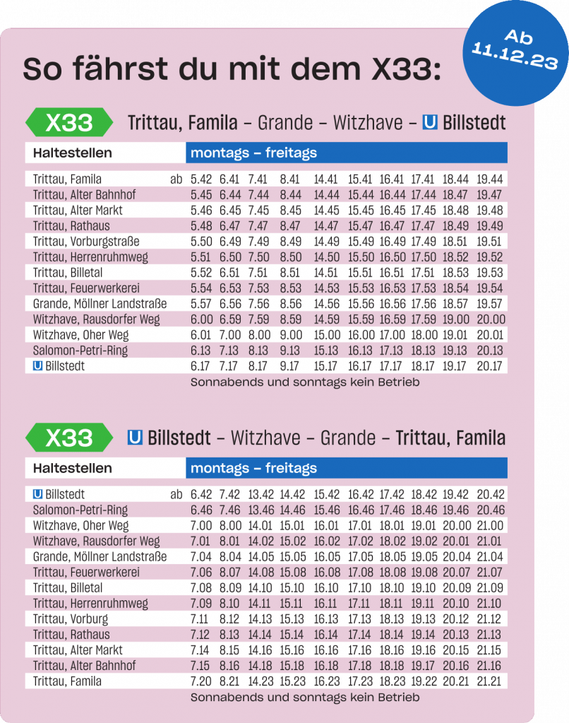 Fahrplan der XpressBus-Linie X33 ab dem 11.Dezember 2023.